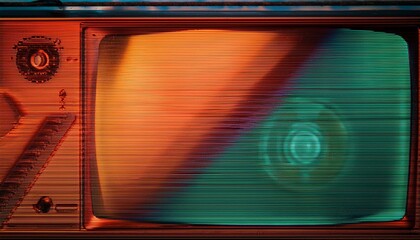 intentional distortion noise and scanlines the blank screen of an old vhs player linked to a television with orange and teal color zones indicating a degraded signal and damaged tape