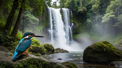 Kingfisher Bird Near Jungle Waterfall
A vibrant blue kingfisher perched on a rock near a cascading rainforest waterfall in Langkawi, mist rising,