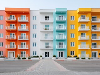Fototapeta premium Vibrant Apartment Complex Facade with Colorful Balconies and Windows Under Bright Daylight