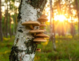 Mushrooms cluster on birch tree trunk, backlit by setting sun in a pine forest