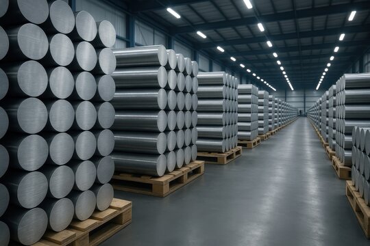 Stacked thick aluminum billets in industrial warehouse precise lines metal manufacturing inventory
