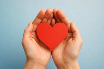 Fototapeta premium Hands cradling bright red heart on sky blue backdrop symbolizing care kindness and hope