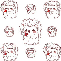 Kawaii Hedgehog Valentine Cartoon Drawing set of funny faces