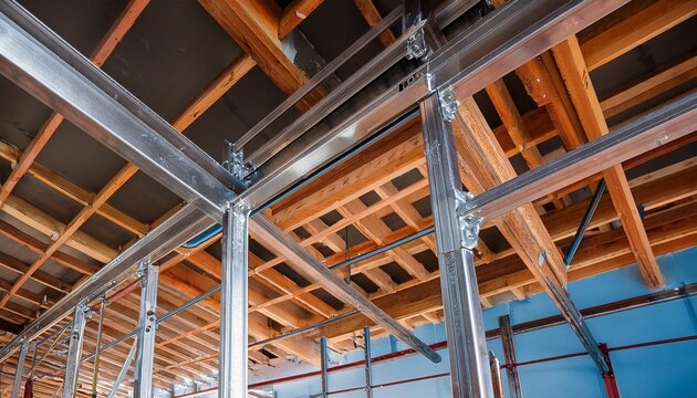 a photo image of a metal stud framing system with rust resistant coating in a drywall assembly