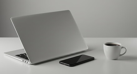 Laptop smartphone coffee cup on white desk digital technology concept