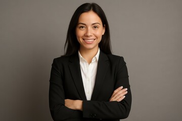 Professional young businesswoman with crossed arms confident smile on neutral backdrop