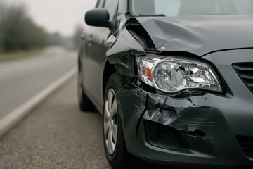 Damaged car on roadside after collision selective focus empty highway safety concept