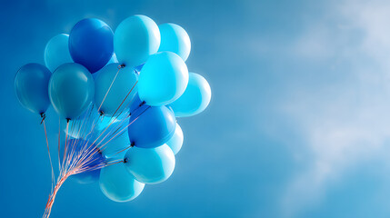 A vibrant bunch of glossy blue helium balloons rises toward a tranquil sky.
