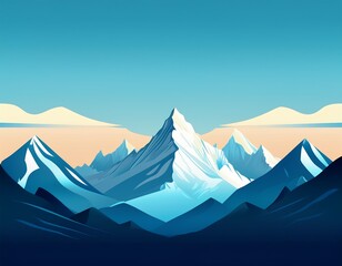 a simple landscape of a mountain range with snow capped peaks and a clear blue sky using flat shapes and soft color transitions 8k uhd suitable for high quality printing or digital