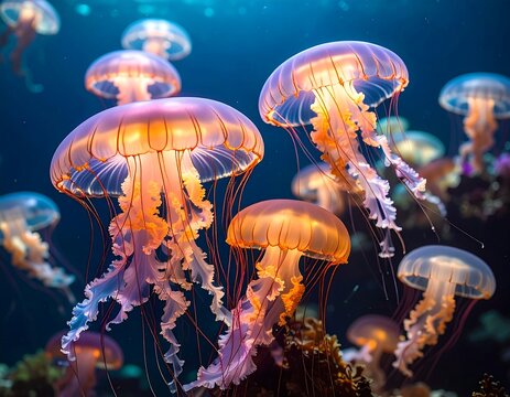 Illuminated jellyfish gracefully drift in a dark, underwater scene