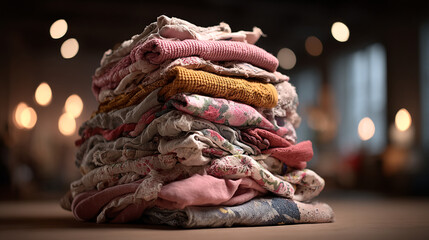 A large pile of folded clothes on a wooden surface indoor.