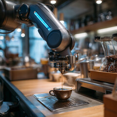 a close-up photo of a robot arm in an unmanned café that making hot coffee