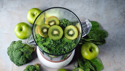 vibrant green smoothie ingredients fresh spinach kale and kiwi in a blender ready to be blended for a healthy and refreshing drink kitchen fruit
