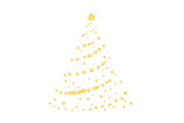 Christmas tree shape made from golden glowing particles with star light on transparent background