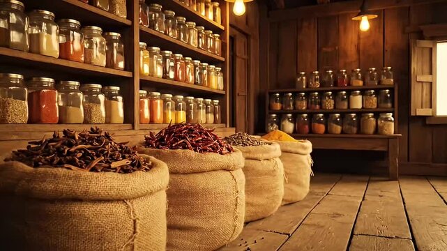 rustic spices storage room with jars and sacks