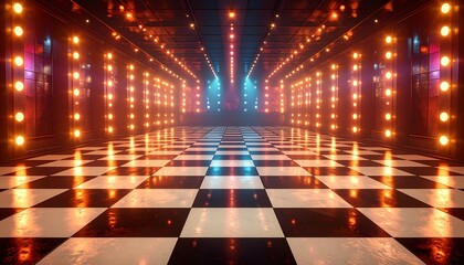 Psychedelic disco hall with luminous firefly lights and a dynamic checkered floor
