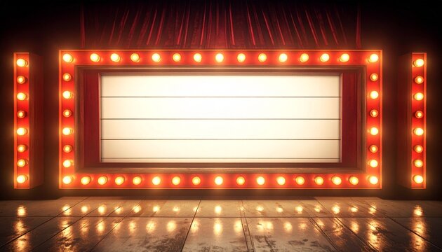 Retro illuminated marquee sign on a vibrant theater stage with red curtains for a classic display