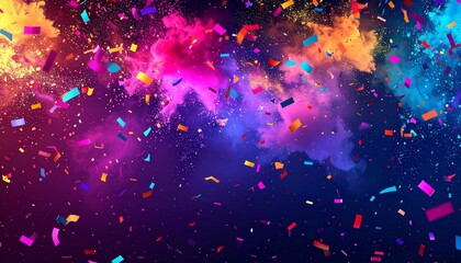 Bright cosmic confetti blast with electric glow, vivid hues and sharp visual detail