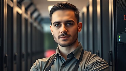 Obraz premium An IT technician in a data center, working among server racks.