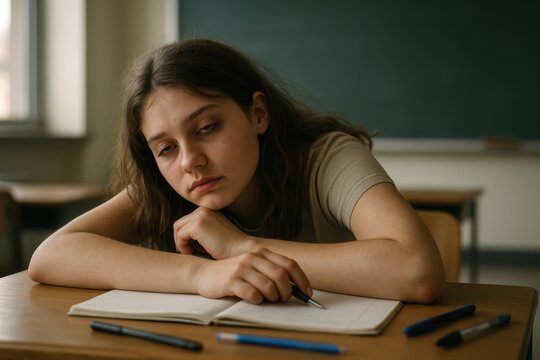 Bored student resting head on desk in classroom soft daylight exhausted study mood