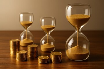 Time and money concept with glass hourglasses and stacked coins on wooden table