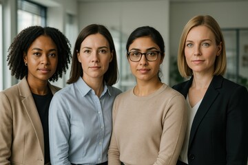 Confident diverse team of executive women standing united in a bright modern office