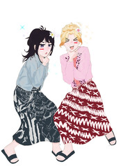 Two Friends In Traditional Inspired Outfits Pose Happily, Showing Friendship And Fun For A Colorful Fashion Portrait