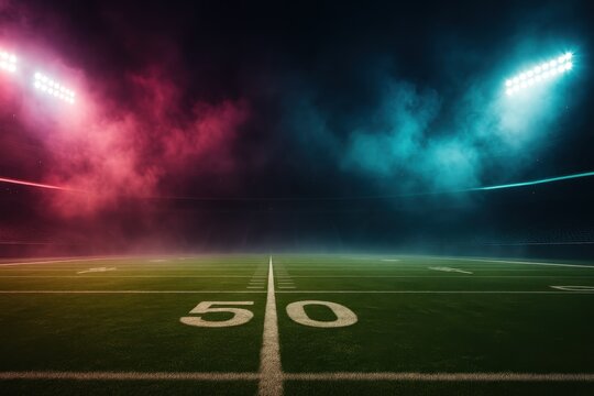 Dramatic football stadium field with neon haze and colorful smoke under night lights