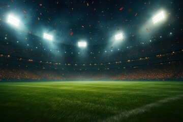 Epic night football stadium under bright beams intense game energy with flying confetti
