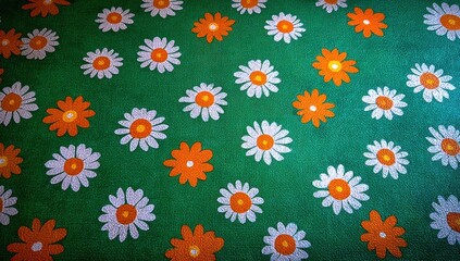Fototapeta premium A vibrant green surface is adorned with a repeating pattern of white and orange daisies.
