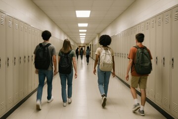 Bright school hallway with students walking past lockers back view education in motion