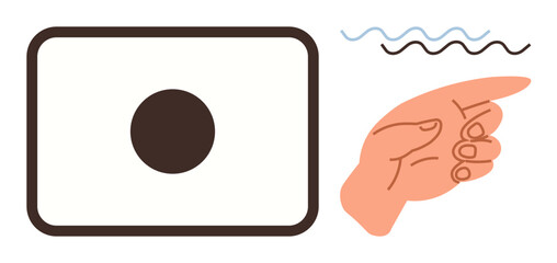 Hand pointing towards a circle target with wavy lines representing focus, guidance, or signals. Ideal for concepts thumbs up direction, accuracy, intention, guidance, signal, focus simple flat