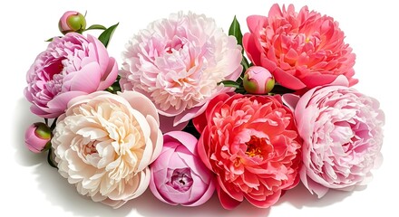 A beautiful bouquet of pink and coral peonies with buds isolated on white background