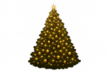 Christmas tree glowing golden lights, sparkling ornaments, celebrating festive winter holiday season with transparent background