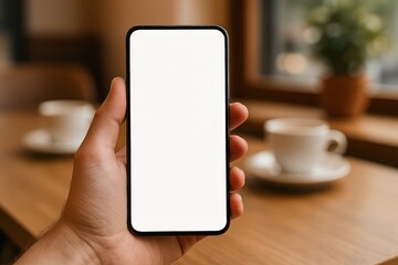 Hand holding modern smartphone at cozy cafe table with blank screen ready for design