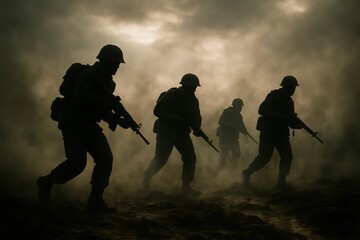 Obraz premium Historical era military silhouettes in drifting smoke atmospheric battlefield lighting