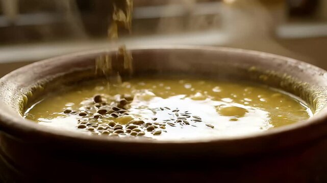 adding spices to steaming yellow soup in clay pot