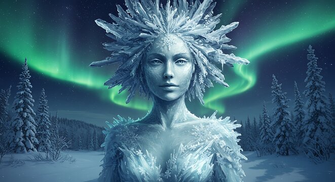 Mystical ice queen portrait with aurora borealis and snowy landscape