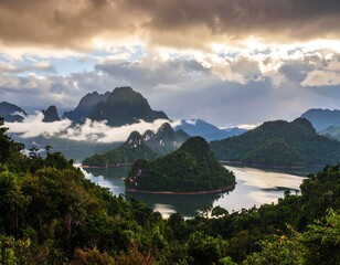 Lush mountain range overlooking a tranquil lake