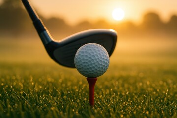 Pristine golf ball on red tee with driver poised at sunrise on misty fairway