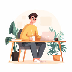 Creative flat design vector of young man working with laptop and coffee cup at desk minimal clean workspace illustration for business and study