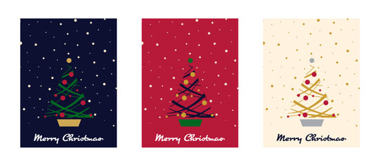 雪が舞う背景にクリスマスツリーを描いた3種類のカードデザインセット