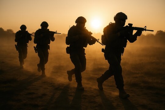 Tactical soldiers in training formation at dawn silhouettes and dust in the air