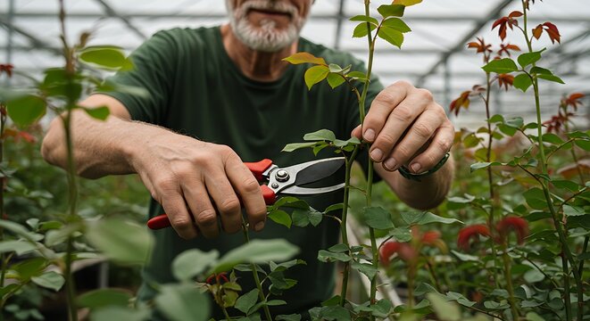 Senior gardener pruning plants in greenhouse for horticultural tasks