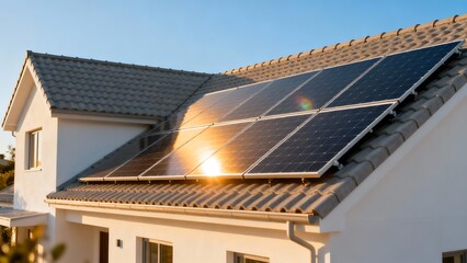 Obraz premium Sustainable home with photovoltaic panels capturing the sun's power.