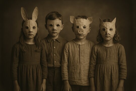 Vintage styled kids in eerie paper masks posing for aged tintype inspired portrait