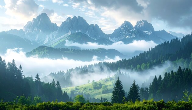Misty mountain landscape with sunlit peaks and rolling hills covered in lush green forests