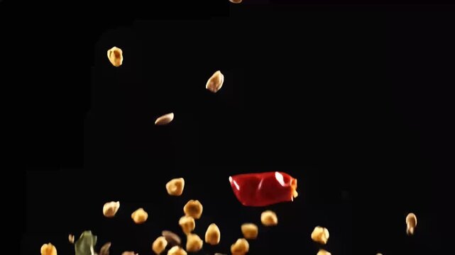 assorted whole spices falling mixing on black background