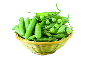 fresh green peas vegetable isolated in basket, cutout in transparent background, png format