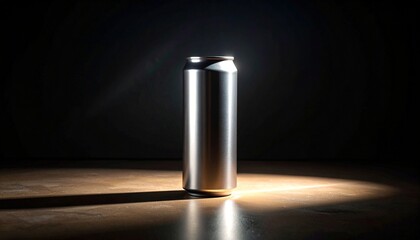 A sleek, unbranded metallic beverage can standing under a dramatic spotlight on a dark surface